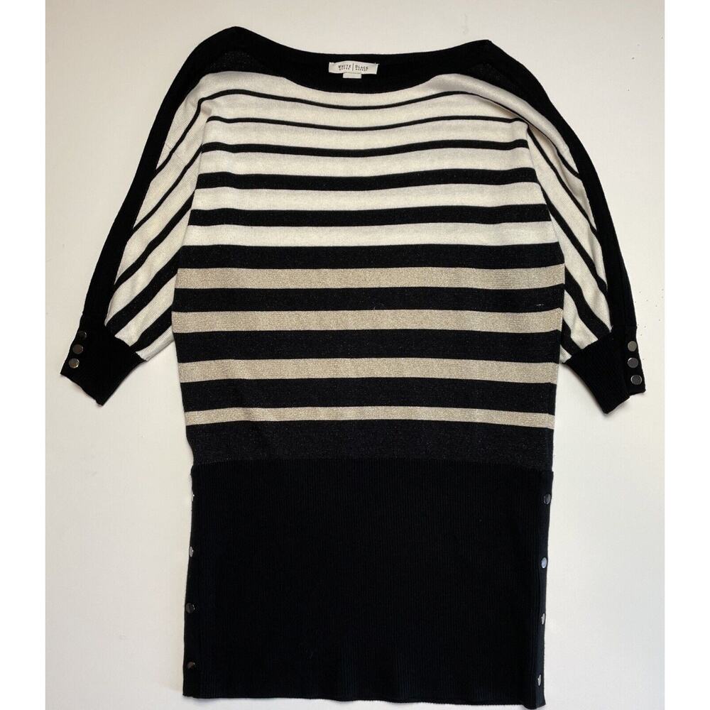 White House Black Market Black White Metallic Tan Stripe Long Sweater Size S